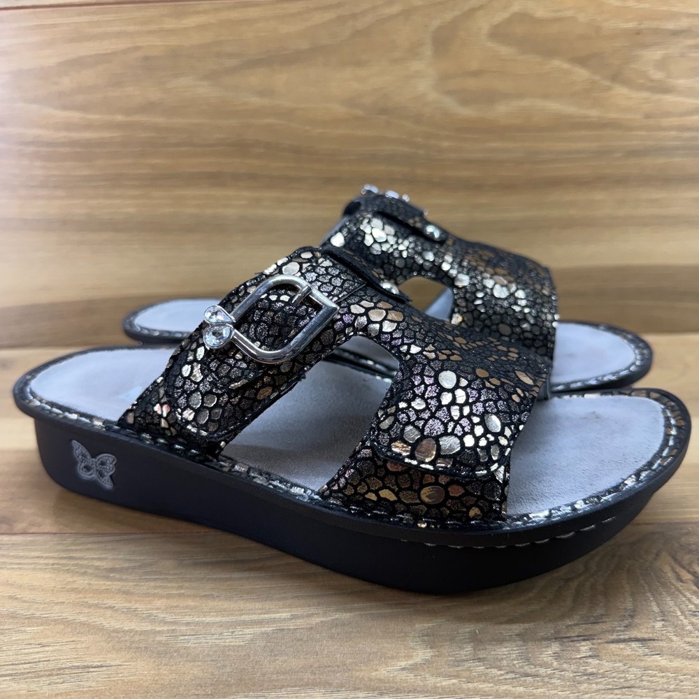 Alegria Peggy Peg Sandals Womens 7 EU 37 Black‎ Silver Metalic Walking Travel
